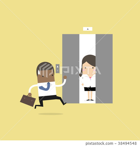 African businessman running to elevator. African businessman running to elevator. 38494548