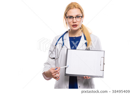 Woman doctor in white coat with clipboard 38495409
