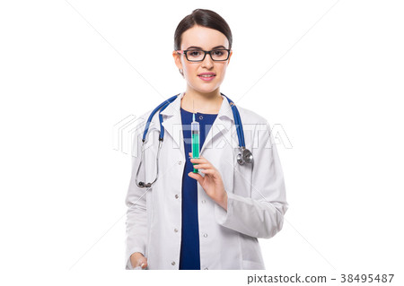 Young woman doctor with stethoscope holding 38495487