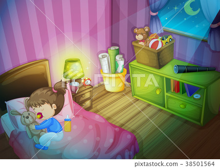 Little girl sleeping with bunny doll in bedroom 38501564