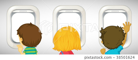 Three kids looking out airplane windows Three kids looking out airplane windows 38501624