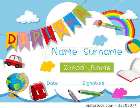 Diploma template with school items in background Diploma template with school items in background 38503074