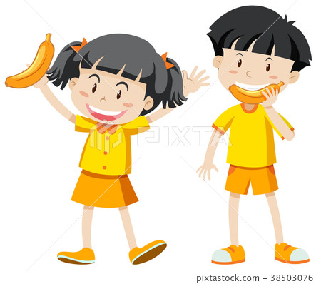 Boy and girl in yellow outfit with banana 38503076