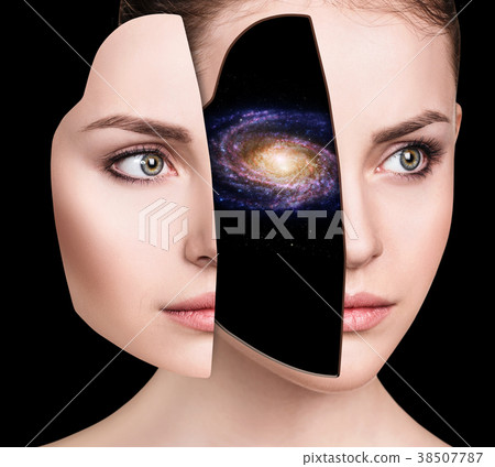Mystical galaxy inside woman's head. Mystical galaxy inside woman's head. 38507787