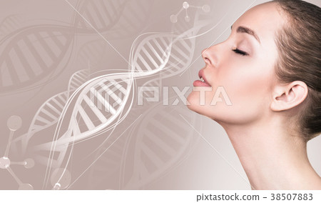 Portrait of sensual woman in DNA chains. Portrait of sensual woman in DNA chains. 38507883