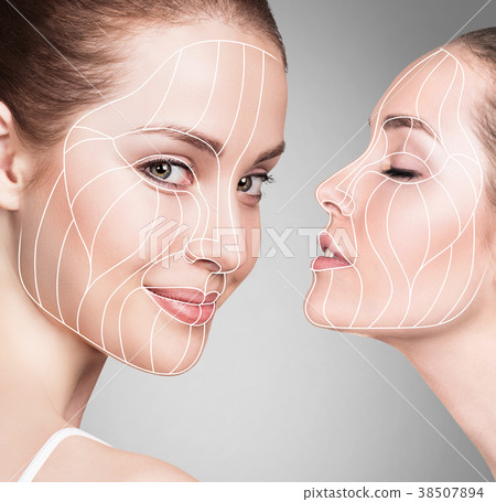 Graphic lines showing facial lifting effect on 38507894