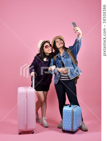 Young asian traveler taking photo, Tourist selfie. Young asian traveler taking photo, Tourist selfie. 38508366