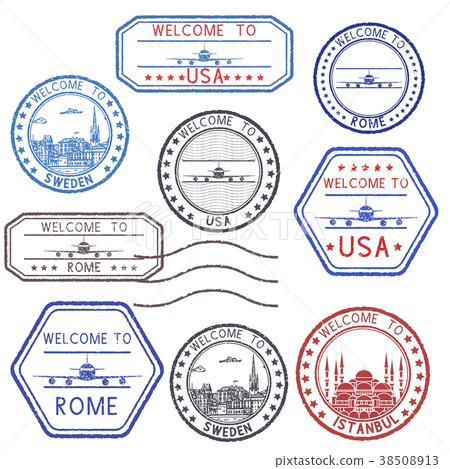 Tourist ink stamps from different countries and Tourist ink stamps from different countries and 38508913