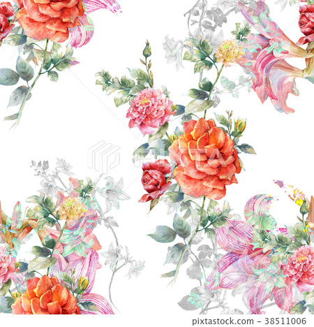 Watercolor painting of leaf and flowers, seamless Watercolor painting of leaf and flowers, seamless 38511006