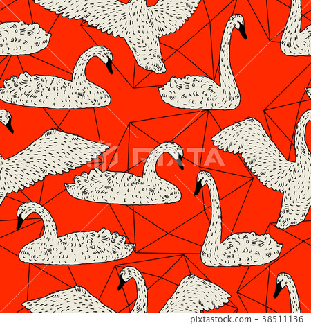 Seamless pattern with floating white swans. Hand Seamless pattern with floating white swans. Hand 38511136