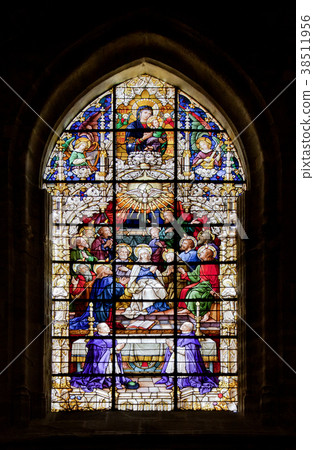 Stained-glass window in Seville cathedral, Spain 38511956