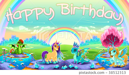 Happy Birthday card with fantasy animals 38512313