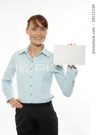 Smiling woman holding blank business card Smiling woman holding blank business card 38515199