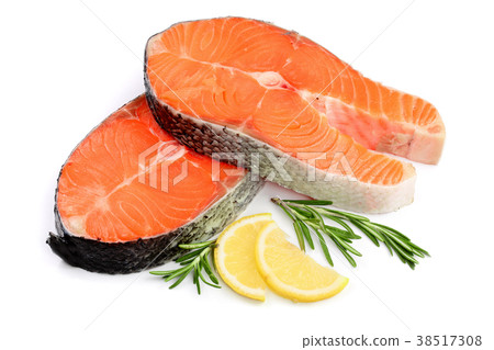 Slice of red fish salmon with lemon and rosemary 38517308