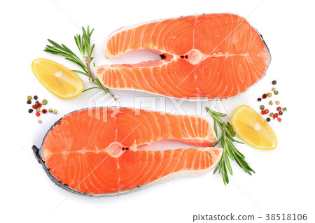 Slice of red fish salmon with lemon, rosemary and 38518106