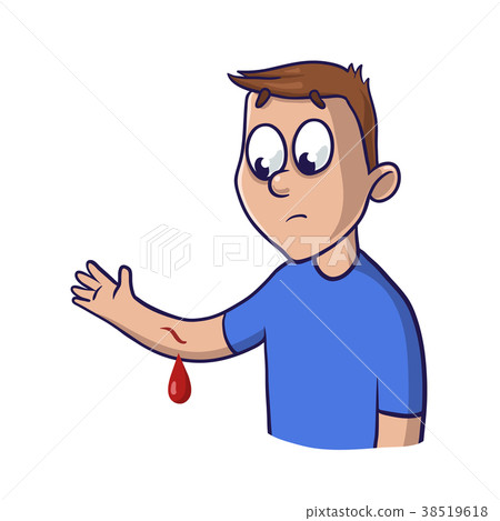 Upset guy raises wounded hand with blood oozing 38519618