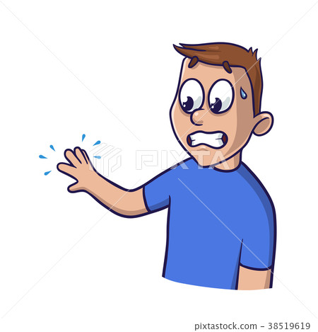 Puzzled man looks at his tingling hand with 38519619