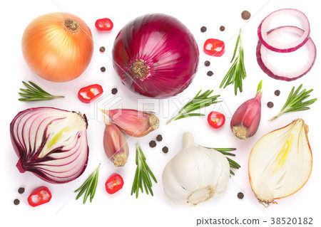 red onions, garlic with rosemary and peppercorns red onions, garlic with rosemary and peppercorns 38520182