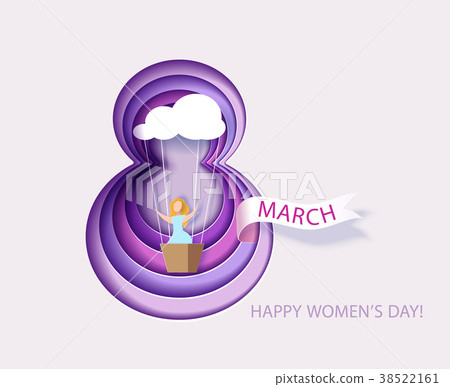 Card for 8 March womens day. Woman in basket Card for 8 March womens day. Woman in basket 38522161