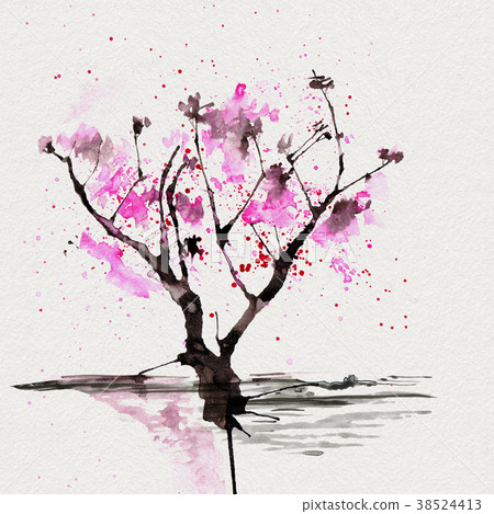Sakura tree in Japanese style. Watercolor hand Sakura tree in Japanese style. Watercolor hand 38524413