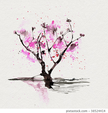 Sakura tree in Japanese style. Watercolor hand 38524414