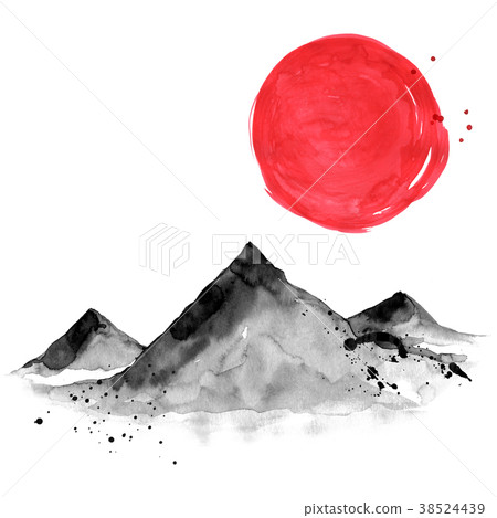 Mountains in Japanese style. Watercolor hand Mountains in Japanese style. Watercolor hand 38524439