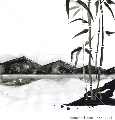 Mountains in Japanese style. Watercolor hand Mountains in Japanese style. Watercolor hand 38524441