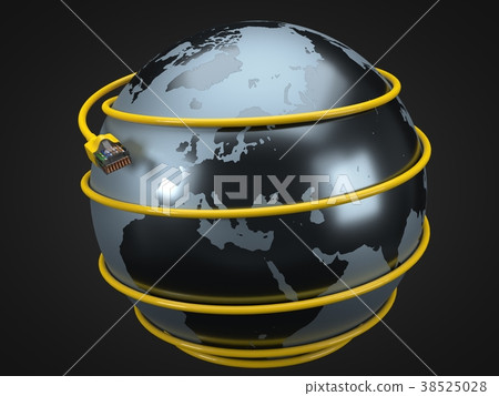 yellow internet cable around earth. conceptual 3d yellow internet cable around earth. conceptual 3d 38525028