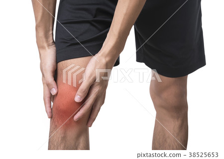 Young man with knee pain injured due to sport. Young man with knee pain injured due to sport. 38525653