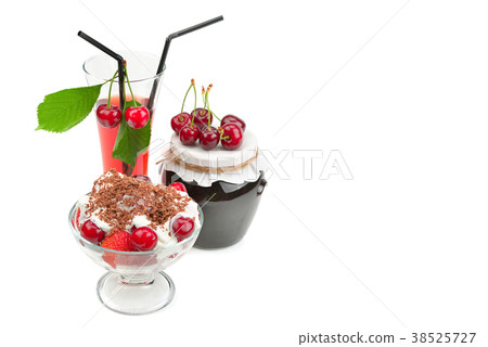 Ripe cherries, jam and juice isolated on white 38525727