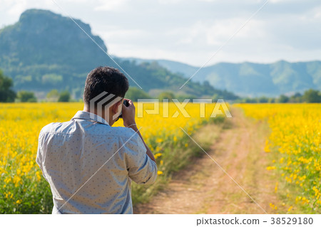 Rear view of photographer taking photo of nature 38529180
