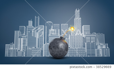 3d rendering of a big black iron bomb with a lit 38529669