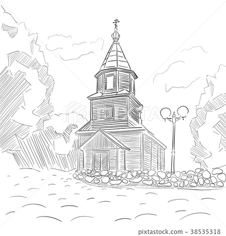 Church is painted with ink and a pen. 38535318