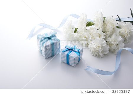 Blue gift box with white carnation and ribbon Blue gift box with white carnation and ribbon 38535327