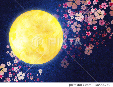 水彩例證月亮夜櫻花 38536759