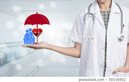 doctor with stethoscope hand protection family  38538932