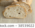 CLOSED UP TWO BROWN SLICED CRUSTY FRENCH BREAD 38539022