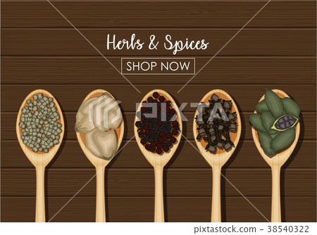 Spices in wooden spoons over wooden background Spices in wooden spoons over wooden background 38540322