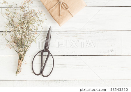 Flat lay photo of wood table,white copy space with 38543230