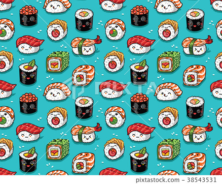 Seamless pattern of japanese sea food in kawaii 38543531