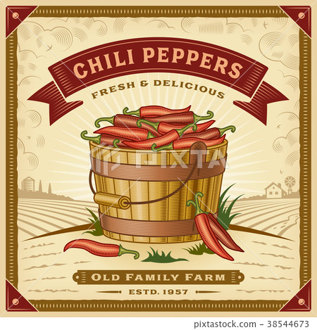 Retro chili pepper harvest label with landscape Retro chili pepper harvest label with landscape 38544673