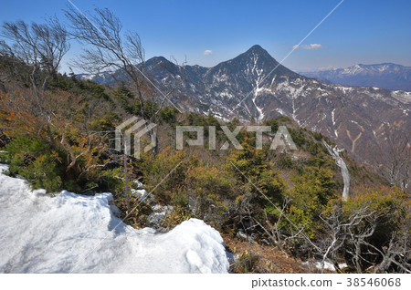 Omi和Kagoyama山的剩余雪，來自Oro山附近，Watarase河源盆地 38546068