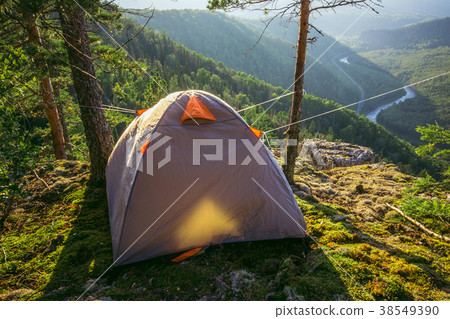 Tourist tent in camp on mountain top with Tourist tent in camp on mountain top with 38549390