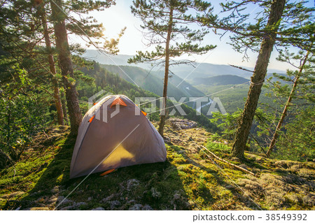 Tourist tent in camp on mountain top with Tourist tent in camp on mountain top with 38549392
