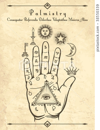 Vintage palmistry symbols on hand 38550339