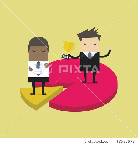 Businessmen on difference pieces of pie chart. Businessmen on difference pieces of pie chart. 38553678