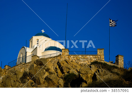 Orthodox Church in Kamari. Santorini island, Greec Orthodox Church in Kamari. Santorini island, Greec 38557091
