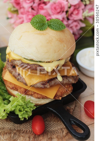 Double hamburger with double cheese is tasty. 38560247