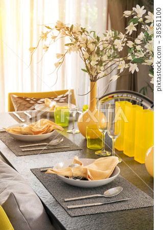 table setting for breakfast in yellow decoration 38561100