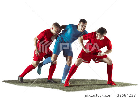 Football players tackling for the ball over white Football players tackling for the ball over white 38564238